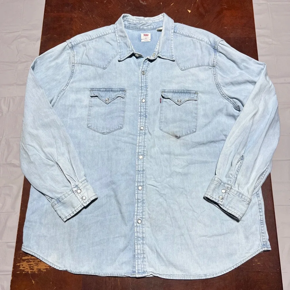Levis Mens XXL Light Wash Denim Long Sleeve Western Pearl Snap Button Shirt Std